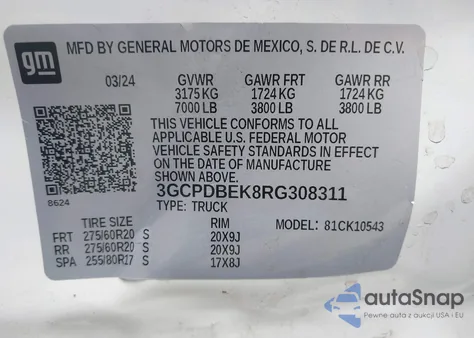 2024 Chevrolet Silverado 1500 4Wd Short Bed Custom from USA, damaged, VIN 3GCPDBEK8RG308311